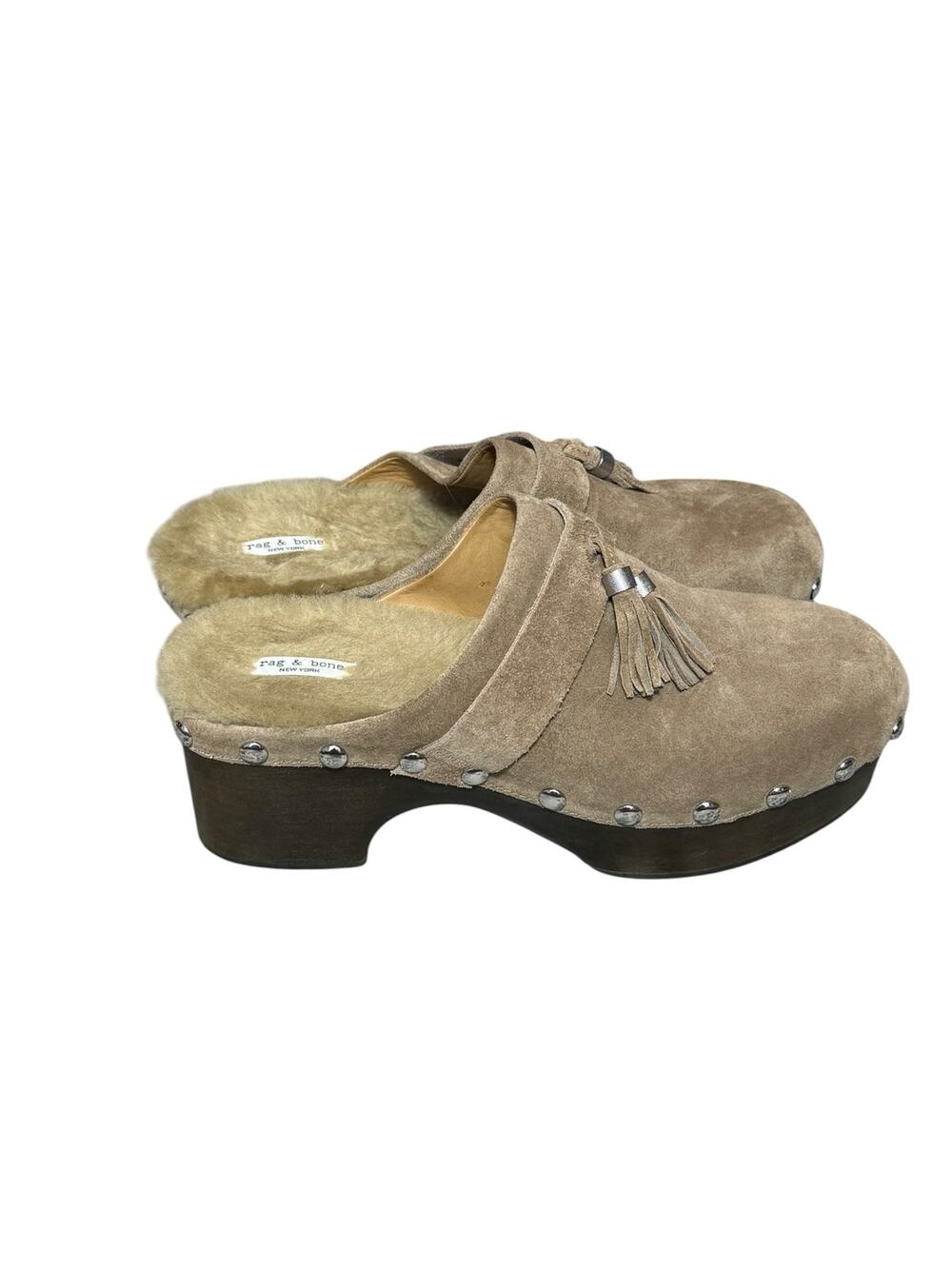 Rag & Bone Johannes Shearling Suede Tassel Clogs Camel Wood Heel EU 41 US 10.5